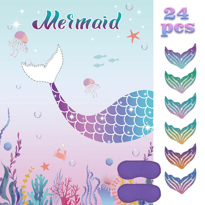 Pin The Tail on The Mermaid Party Game with 24 PCS Tails for Kids Girls Birthday 21'' x 28''