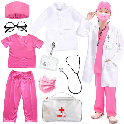 Doctor Costume for Kids Nurse Scrubs: Surgical Doctor Outfit with Lab Coat Carrying Bag Stethoscope for Career Day Cosplay (Pink, 130 (7-8 years))