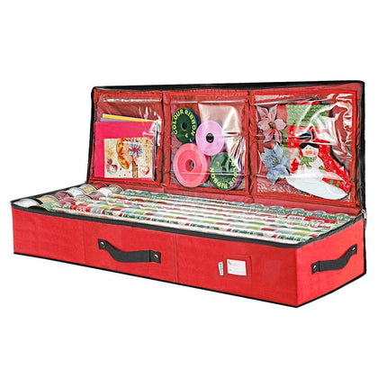 Primode Wrapping Paper Storage Container | Gift Wrap Organizer Under Bed | 41x14x6 | Fits 18-24 Rolls Up to 40 | 600D Oxford | Box Holder with Pockets for Ribbon, Bows and Accessories (Red)