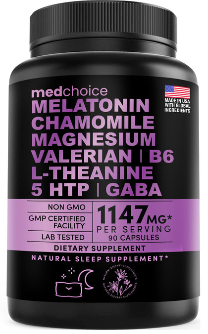 10-in-1 Melatonin Capsules - Melatonin 5mg Natural Sleep Aid for Adults with L Theanine, 5 HTP, GABA, Valerian Root, Chamomile, Vitamin B6, Magnesium for Sleep Support - Sleep Supplement (Pack of 1)