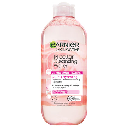 Garnier SkinActive Micellar Water with Rose Water and Glycerin, Facial Cleanser & Makeup Remover, All-in-1 Hydrating, 13.5 Fl Oz (400mL), 1 Count (Packaging May Vary)