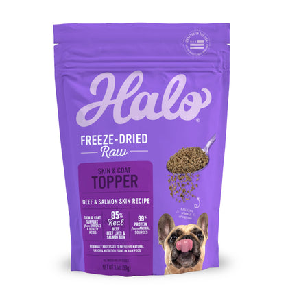 Halo Freeze Dried Raw Skin & Coat Topper, Beef and Salmon Skin Recipe, Raw, Real Meat Topper, All Life Stages, 3.5-OZ Bag