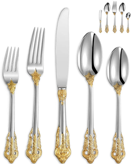 KEAWELL Luxury 45 Pieces 18/10 Stainless Steel Flatware set, Service for 8, silver plated with gold accents, Fine Silverware set and Dishwasher Safe