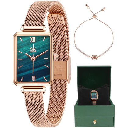 SK Dainty Women's Wrist Watch: Green Malachite Dial,Beautiful Bracelet, Wrapped by Stylish Gift Box, Elegant Present for Ladies and Loved Ones