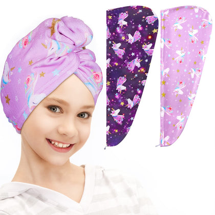 FIOBEE Microfiber Hair Towel Wrap for Kid Rapid Drying Towel Absorbent Hair Turbans for Wet Hair with Button Women Girls Long Curly Hair Pack of 2, Purple