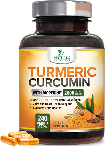 Turmeric Curcumin with BioPerine 95% Standardized Curcuminoids 2600mg - Black Pepper for Max Absorption, Natural Joint Support, Nature's Tumeric Extract, Herbal Supplement, Non-GMO - 240 Capsules