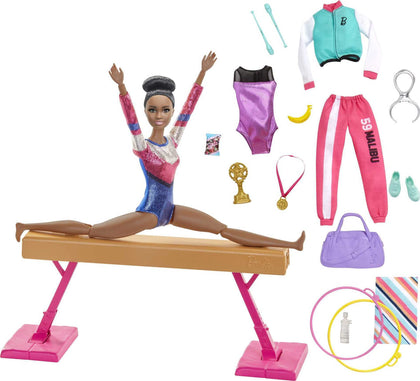 Barbie Gymnastics Playset with Doll and 15+ Accessories, Twirling Gymnast Toy with Balance Beam, Brunette Doll