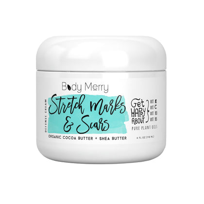 Body Merry Stretch Mark and Scar Defense Body Cream - Daily Dry Skin and Stretch Mark Treatment, Pregnancy Safe, Organic Shea & Cocoa Butter Boost Elasticity, Prevent and Improve Look of Marks, 4 oz