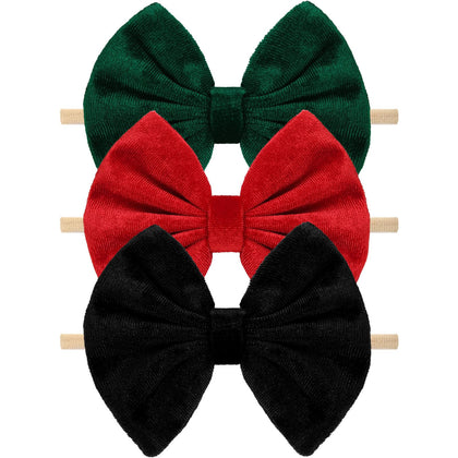 NCMAMA Velvet Baby Girls Headbands, Black Newborns Bows Elastic Nylon Hairbands for Infants Toddlers Hair Accessories,Pack of 3 (Black+Red+Green)