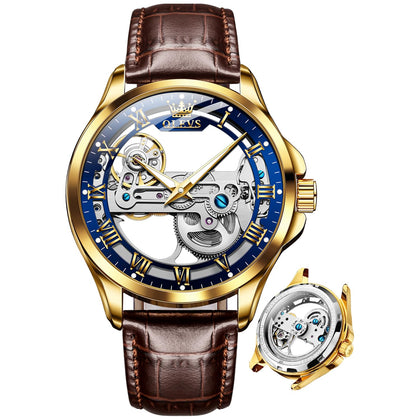 OLEVS Skeleton Watches for Men Automatic Self Winding Mechanical Luxury Dress Brown Leather Waterproof Luminous Men Wrist Watch