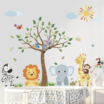 decalmile Forest Baby Animals Wall Decals Elephant Lion Giraffe Wall Stickers Baby Nursery Kids Room Daycare Wall Decor
