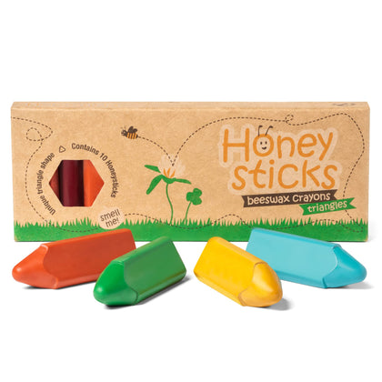 Honeysticks Triangular Crayons - 100% Pure Beeswax, Food Grade Colors, Non Toxic Crayons for Baby, Toddlers ages 1-3,2-4, Triangle Shape for Pencil Grip Development. Handmade in New Zealand, 10 Pack