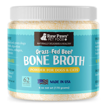 Raw Paws Beef Bone Broth for Dogs & Cats, 6-oz - Made in USA - Dog Food Topper - Bone Broth Protein Powder for Dogs - Powdered Bone Broth for Dogs - Bone Broth for Cats - Dog Gravy Topper for Dry Food