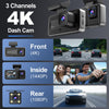 3 Channel 4K Dash Cam, Dash Camera for Cars with Free 64GB SD Card, 4K+1080P+1440P Dash Cam Front and Rear Inside, Super Night Vision, Loop Recording, G-Sensor, Motion Detection, 24 Hours Parking Mode