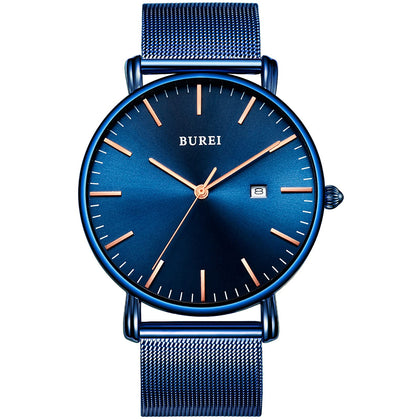 BUREI Men's Fashion Minimalist Wrist Watch Analog Date with Stainless Steel Mesh Band?All Blue Watch with Golden Pointer?