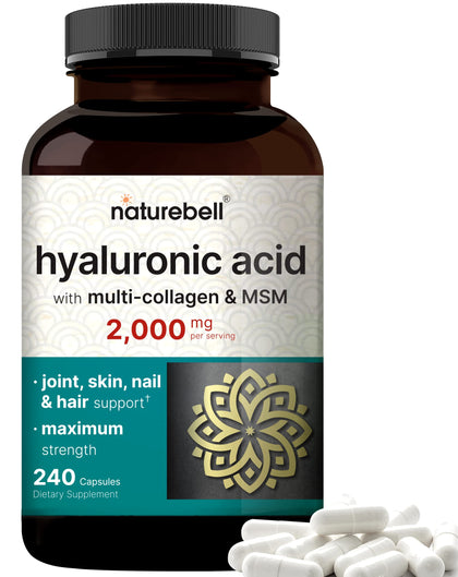 NatureBell Hyaluronic Acid Supplements 2000mg Per Serving | 240 Capsules, with MSM & Multi Collagen - 3 in 1 Support - Skin Hydration, Joint Lubrication, Hair, and Eye Health