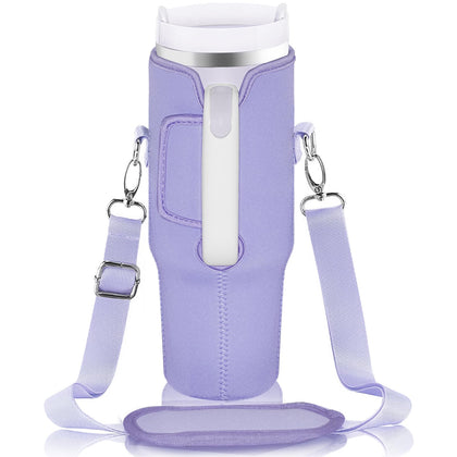 OriJoy Water Bottle Carrier Bag Holder for Stanley 30 Oz Tumbler Cup Accessories, Neoprene Pouch Sleeve with Adjustable Crossbody Strap, Purple
