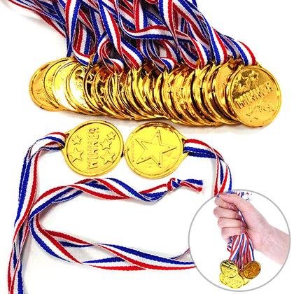 Shindel Winner Award Medals, 24PCS Kids Plastic Gold Winner Gold Award Medals with Neck Ribbon Party Favor Birthday Present Dress Up, Medals for Awards