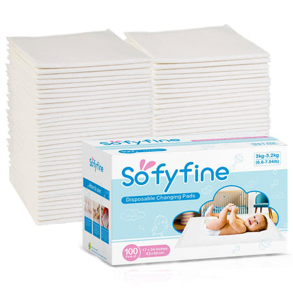 SOFYFINE Disposable Changing Pads for Baby 17x24 (100 Count), Heavy Absorbent Diaper Underpads for Changing Table, Waterproof Toddler Pee Pad (White, 30g/Piece, 2g SAP)