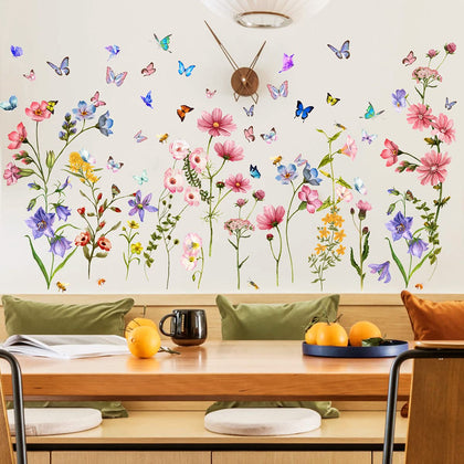 Colorful Flower Wall Stickers with Butterfly and Bee 88 Pcs Removable Flower Wall Decals DIY Peel and Stick Art Wall Decor Mural for Nursery Baby Kids Bedroom Living Room Kitchen Home Decoration