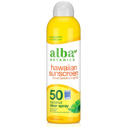 Alba Botanica Sunscreen Spray for Face and Body, Broad Spectrum SPF 50 Sunscreen, Hawaiian Coconut, Water Resistant and Biodegradable, 6 fl. oz. Bottle