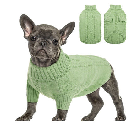 Queenmore Small Dog Pullover Sweater, Cold Weather Cable Knitwear, Classic Turtleneck Thick Warm Clothes for Chihuahua, Bulldog, Dachshund, Pug, Yorkie (Green, Small)