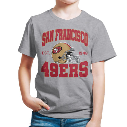 Junk Food Clothing x NFL - San Francisco 49ers - Team Helmet - Kids Short Sleeve T-Shirt for Boys and Girls - Size Small