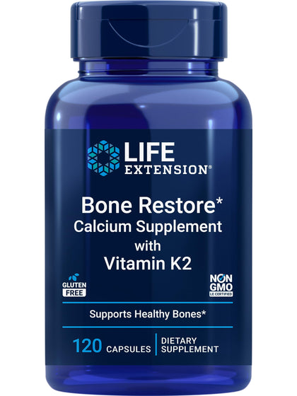 Life Extension Bone Restore + Vitamin K2 Vitamins & Minerals Maintain Bone Health & Strength - Fortifying Nutrients Calcium, D3 & Important Bone Building Minerals - Non-GMO, Gluten-Free -120 Capsules