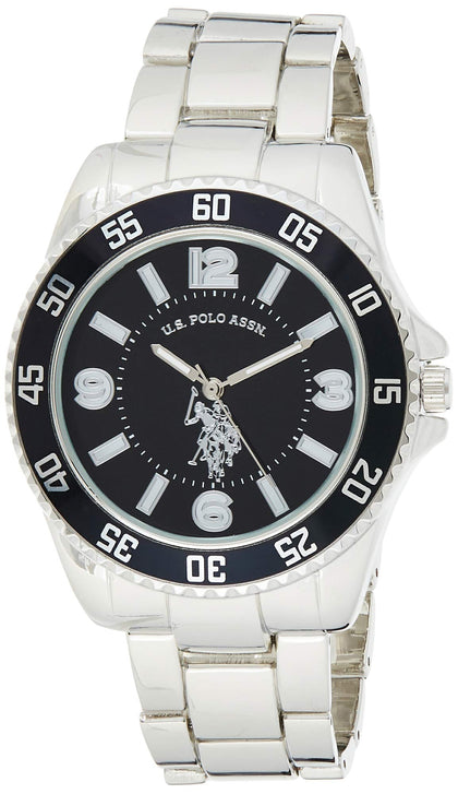U.S. Polo Assn. Men's Silver-Toned Watch with a Black Dial, Automatic Quartz Metal/Alloy, Fold-Over-Clasp Watch - USC80515