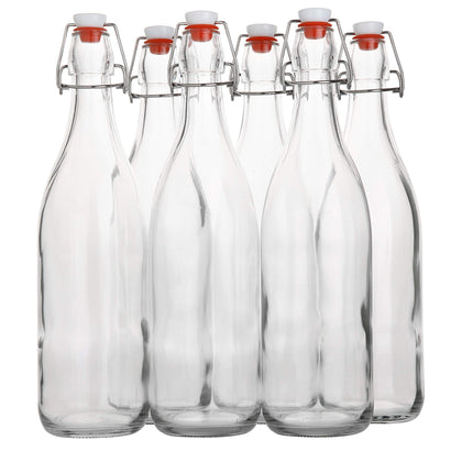Flip Top Glass Bottle [1 Liter / 33 fl. oz.] [Pack of 6] - Swing Brewing with Stopper for Beverages, Oil, Vinegar, Kombucha, Beer, Water, Soda, Kefir Airtight Lid & Leak Proof Cap Clear