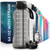 AQUAFIT Half Gallon Water Bottle With Time Marker - 2in1 Lid - 64 oz Water Bottle With Straw - Gym Water Bottle With Strap - Big Water Bottle - Reusable Water Bottles With Straw - Large Water Bottle
