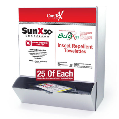 CoreTex Sun X 30 & Bug X 30 Combo Pack - 50 Total Packets in Wallmount Box - 25 SPF 30+ Lotion Pouches & 25 BugX 30 Insect Repellent Towelettes