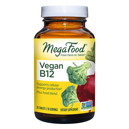 MegaFood Vegan Vitamin B12 - Vitamin B Supplement with Vitamin B6, B12 Vitamins & Folic Acid - Supports Cellular Energy Production, Nervous System Health & Cardiovascular Function - 30 Tablets