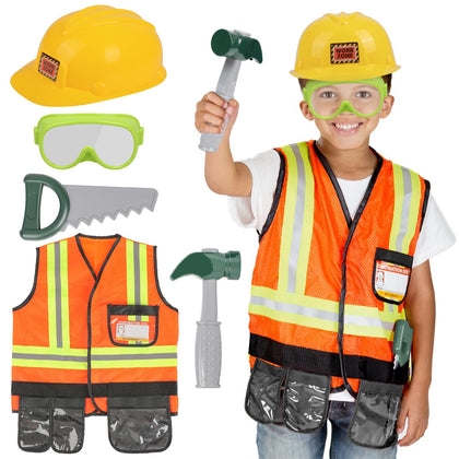 Popsunny Kids Construction Worker Toys, Toddler Tool Pretend Play with Construction Vest & Hat, Worker Dressup Set for Boys Girls 3 4 5 6 Years Old