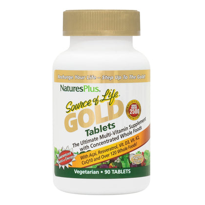 NaturesPlus Source of Life Gold Multivitamin - 90 Tablets - with Vitamins D3, B12 & K2 - Blood, Bone & Immune Support - Vegetarian & Gluten Free - 30 Servings