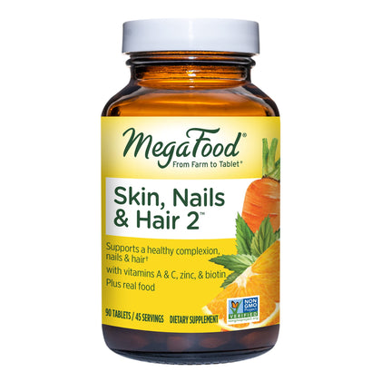 MegaFood Skin, Nails & Hair 2 - Vitamins For Women & Men - Biotin, Vitamin A, Vitamin C, Zinc, Vitamin B6, Vitamin E, Pantothenic Acid - Vegan - Made Without 9 Food Allergens - 90 Tabs (45 Servings)