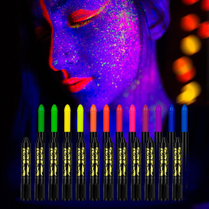 24 Pcs Glow in The Black Light Face Body Paint, UV Black Light Glow Crayons Neon Fluorescent Face Painting Makeup Kit for Halloween Club Makeup Holiday Birthday Club Xmas Glow Party (12 Color)