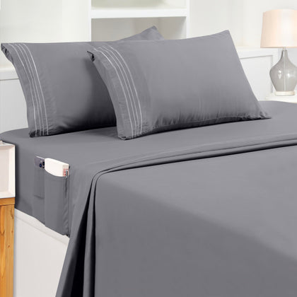 Utopia Bedding Queen Sheet Set - Soft Microfiber 4 Piece Hotel Luxury Bed Sheets with Deep Pockets - Embroidered Pillow Cases - Side Storage Pocket Fitted Sheet - Flat Sheet (Grey)