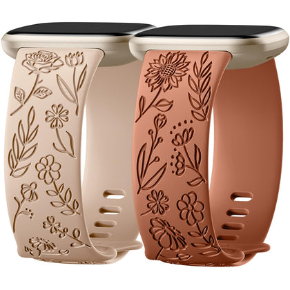 SNBLK 2 Pack Engraved Bands Only Compatible with Fitbit Versa 3/Fitbit Sense/Fitbit Versa 4/Fitbit Sense 2 Bands Four Models, Sunflower Rose Elegant Soft TPU Floral Pattern Replacement Strap Women