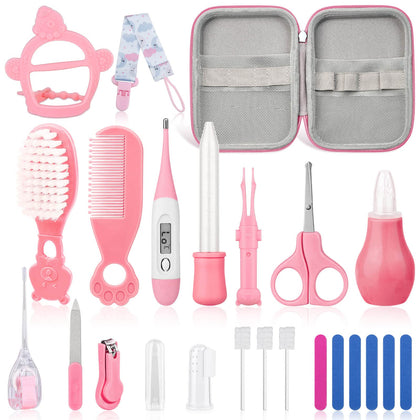 23Pcs Baby Healthcare and Grooming Kit modacraft Baby Safety Set with Baby Hair Brush Nail Clippers Lighting Ear Cleaner Baby Stuff Newborn Essentials for Nursery Newborn Baby Girls Boys Kids Pink