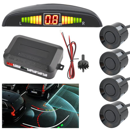 Reverse Backup Sensors Radar System for Cars, 4 Parking Waterproof Detection Sensors LED Distance Display Warning Buzzer Alert Probe System Black