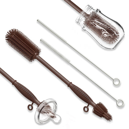 Silicone Baby Bottle Brush and Straw Cleaner Brush Set, All-Round Cleaning Long Water Bottle Brushes, Reusable Silicone Cleaning Brush and Dish Brush, Hangable Cup Brush (Brown+Rock White)