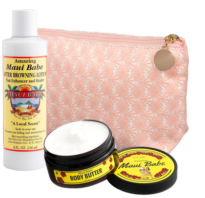 Maui Babe After Browning Lotion 8oz & Maui Babe Body Butter 8.3oz - Tan Enhancer Lotion & Body Butter with Iridescent Pink Bag - Amazing Maui Babe After Tan Moisturizer Lotion Kit - Hawaiian After Sun Lotion Tan Extender