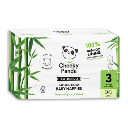 The Cheeky Panda Premium Baby Diapers Size 3 (16-28lbs) | 40 Bamboo Lined Disposable Diapers for Sensitive Skin