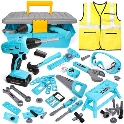 LOYO Kids Tool Set - 50 PCS Pretend Play Construction Tool Toy with Kids Construction Vest and Tool Box for Toddlers Boys Ages 3 , 4, 5, 6, 7 Years Old Christmas Birthday Gift (Blue)