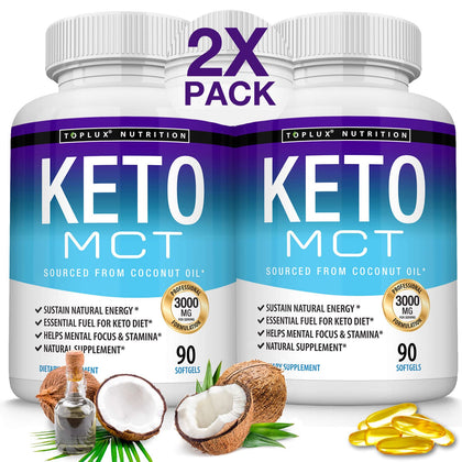 Toplux Keto MCT Oil Capsules Ketosis Diet - 3000mg Natural Pure Coconut Oil Extract Pills to Support Ketogenic Diet, Source of Energy, Easy to Digest for Men Women, 90 Softgels, Supplement