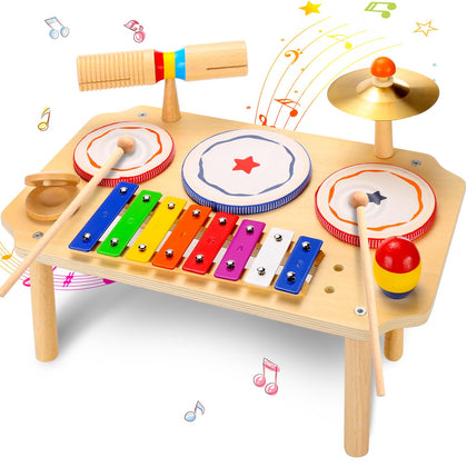 Kids Drum Set, Baby Musical Instruments Toys for Toddlers, 9 in 1 Wooden Xylophone Toddler Drum Set Percussion Instruments Musical Toys Birthday Gifts for Children Boys and Girls