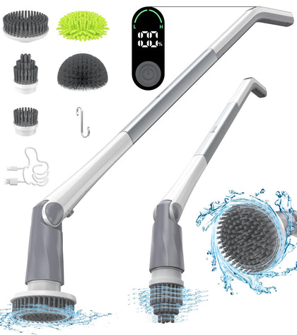 MIBODE Electric Spin Scrubber, Shower Scrubber with LED Display & 5 Replacement Scrubber Head, 2H Bathroom Scrubber Dual Speed, Electric Scrubber for Cleaning Bathtub Grout Tile Floor