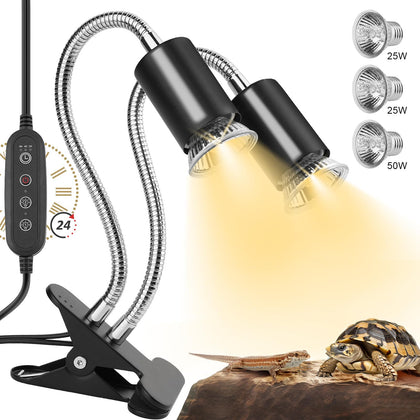 NBIIUYIGE Reptile Heat Lamp, Dual-Head UVA UVB Reptile Light, Heating Lamp with Cycle Timer, Heat Lamp for Reptiles Bearded Dragon Turtle Crab Snake Lizard, Separate Control, 3 Basking Light Bulbs