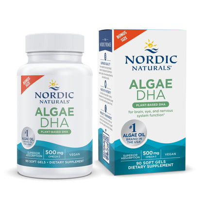Nordic Naturals Algae DHA - 90 Soft Gels - 500 mg Omega-3 DHA - Certified Vegan Algae Oil - Plant-Based DHA - Brain, Eye & Nervous System Support - Non-GMO - 45 Servings